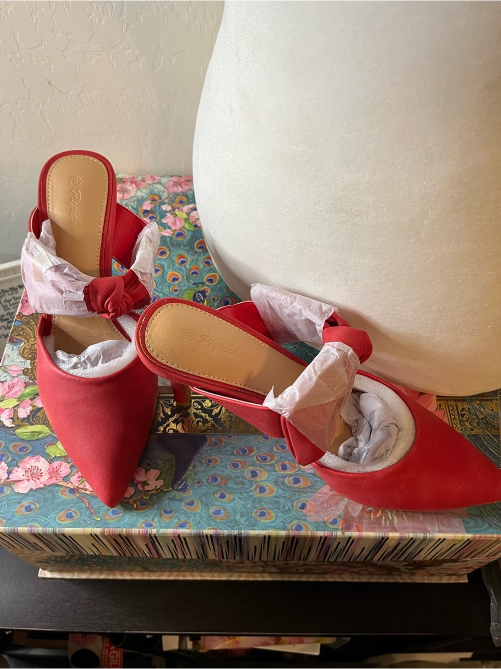Red Pointed-Toe Knot-Detail Mules - Women's Heels